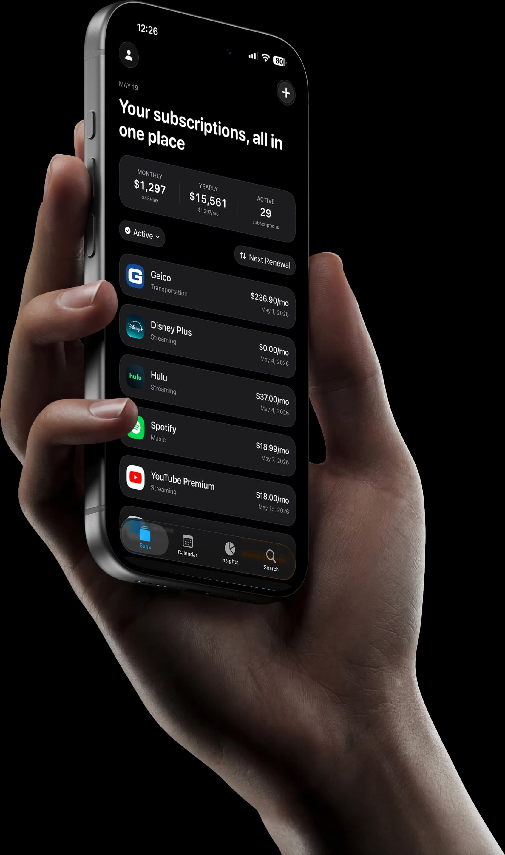 SubNest app on iPhone showing subscription calendar and spending insights